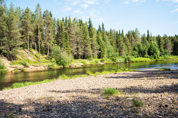 Beautiful sandy river bank on a sunny summer day in Oulanka National Park, Northern Finland	