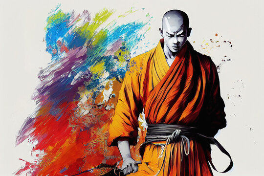 Abstract Shaolin monk portrait with colorful paint splash background, digital illustration