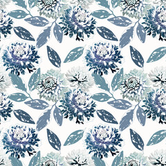 Seamless retro floral pattern. Blue chrysanthemum flowers on a white background.