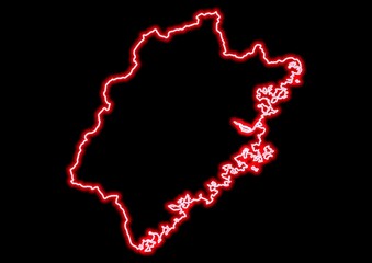 Red glowing neon map of Fujian China on black background.