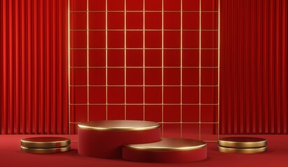 3D rendering of blank product background for cream cosmetics Modern red podium background