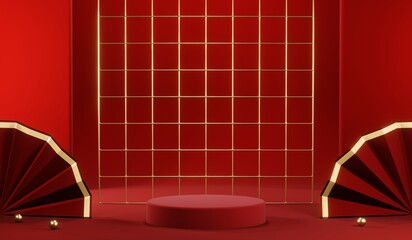 Fototapeta na wymiar 3D rendering of blank product background for cream cosmetics Modern red podium background