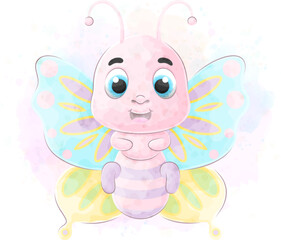 Cute doodle a butterfly with watercolor illustration