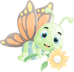 Cute doodle a butterfly with watercolor illustration