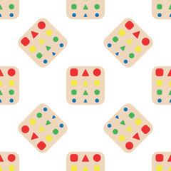 Wooden toys for kids games. Baby seamless pattern with Montessori subject. Education logic toys for preschool kids. Montessori system for early childhood development.