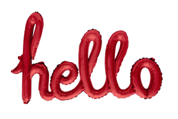 The word hello with a red foil balloon transparent