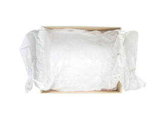 Opened shoes packaging cardboard box with crumpled wrapping paper top view isolated transparent png