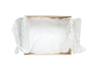 Opened shoes packaging cardboard box with crumpled wrapping paper top view isolated transparent png
