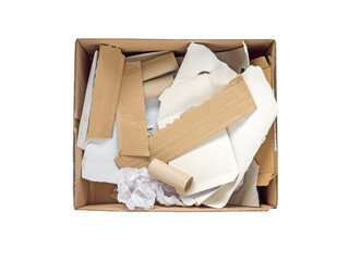 Separate garbage collection. Paper waste in the carboard box isolated transparent png top view.