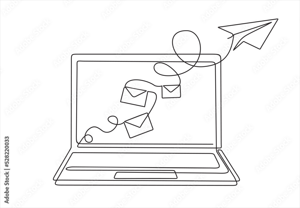 Poster laptop and envelopes e mail list building illustration continuous one line art illustration. can use