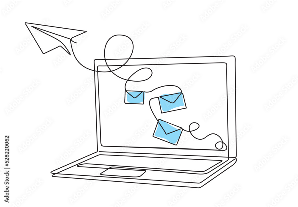 Poster laptop and envelopes e mail list building illustration continuous one line art illustration. can use