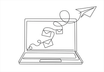 Laptop and envelopes e mail list building illustration continuous one line art illustration. Can used for logo, emblem, slide show and banner. Illustration with quote template. 