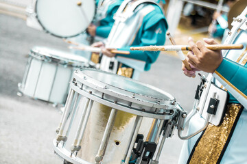Group of students snare drum, School band performs in marching band