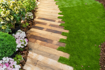 Walkway in the park garden made of wood