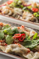Japanese dumplings Gyoza stuffed chicken meat or vegetable with chili and herbs