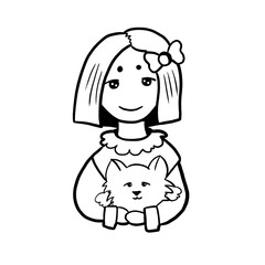 The girl with a cat, black and white, cartoon style