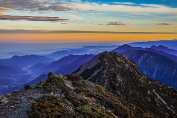 Landscape View of Yushan Main Peak And Tongpu Valley From the North Peak of Jade Mountain At Sunrise, Yushan National  Park, Chiayi , Taiwan