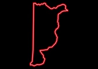 Red glowing neon map of Heredia Costa Rica on black background.