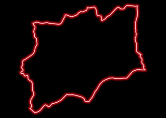 Red glowing neon map of Huíla Angola on black background.