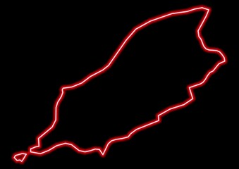 Red glowing neon map of Isle of Man Isle of Man on black background.