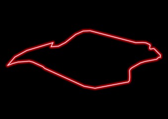 Red glowing neon map of Isle of Wight United Kingdom on black background.