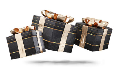 dark luxury golden gifts, presents, isolated 3d-illustration