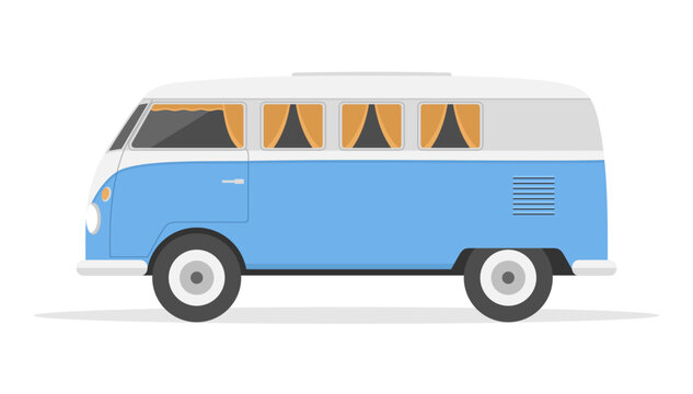 Blue and gray retro van car on a white background. Side view. Flat vector illustration
