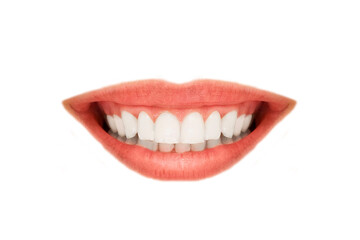 Smiling woman mouth. Teeth and lips on white background