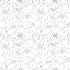 Seamless pattern of vegetables and fruits vector illustration in scandinavian style. Linear graphic. Vegetables and fruits background. Healthy food isolated on white background.