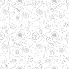 Seamless pattern of vegetables and fruits vector illustration in scandinavian style. Linear graphic. Vegetables and fruits background. Healthy food isolated on white background. © Iuliia