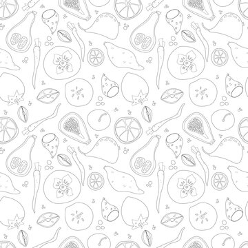 Seamless pattern of vegetables and fruits vector illustration in scandinavian style. Linear graphic. Vegetables and fruits background. Healthy food isolated on white background.