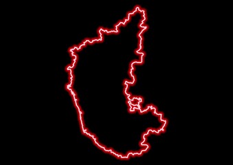 Red glowing neon map of Karnataka India on black background.