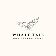 wave sea whale tail sun line art logo vector minimalist illustration design, while tail style logo design