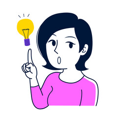 Vector illustration of character woman pointing light bulb having and idea. Marketing ideas concept