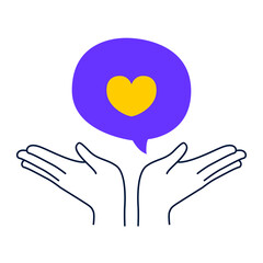 Hands holding flying heart on comic balloon. Social media like concept illustration