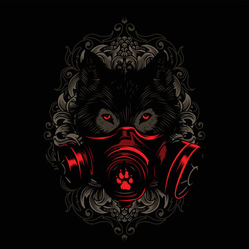 Vector illustration of a wolf head using a gas mask