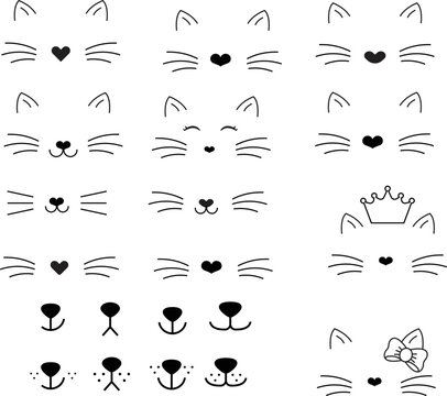 Dog face and cat face cartoon outline with tongue hanging out. mouth and nose big set. Vector illustration