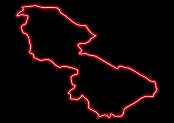 Red glowing neon map of Leitrim Ireland on black background.