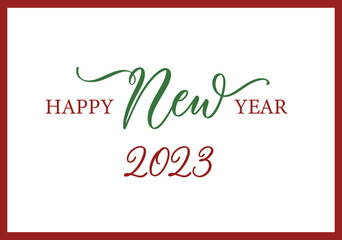 Fototapeta na wymiar Happy New Year 2023 Greeting Card. Holiday Vector Illustration With Lettering Composition. Vintage festive label.