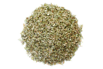 Aromatic spice - dried marjoram isolated on white background, top view. Bunch of dried marjoram...