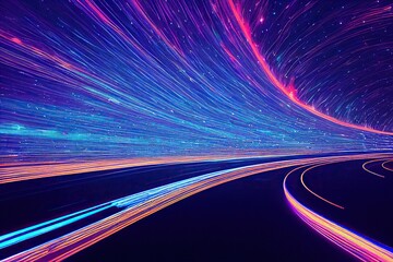 Neon lines rays of light in speed, vertical abstract glowing background. Dynamic effect futuristic cyberpunk digital fast movement bright laser blue purple backdrop, creative cosmic abstract motion.