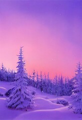 Winter forest snowy frozen spruce trees snow nature on purple lavender violet sky sunset or sunrise vintage scenery landscape vertical background. Merry Christmas fantasy backdrop illustration.