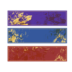 Fototapeta na wymiar Set of 3 horizontal rectangle banners. Purple, blue, brown background, gold grungy texture and frame. Website header or footer with text space. Thin frame template. Graphic and web design element.