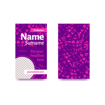 Vertical 2 x 3.5 inches rectangle business card template with sample text contact info and round photo frame. Front and back side design. Pink and purple textured paintbrush stroke stains background.