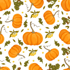 Autumn seamless pattern with ripe juicy pumpkins, oak leaves and acorns, berries.Vector background.