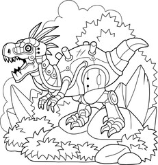 funny cartoon dinosaur robot, coloring book for children, outline illustration