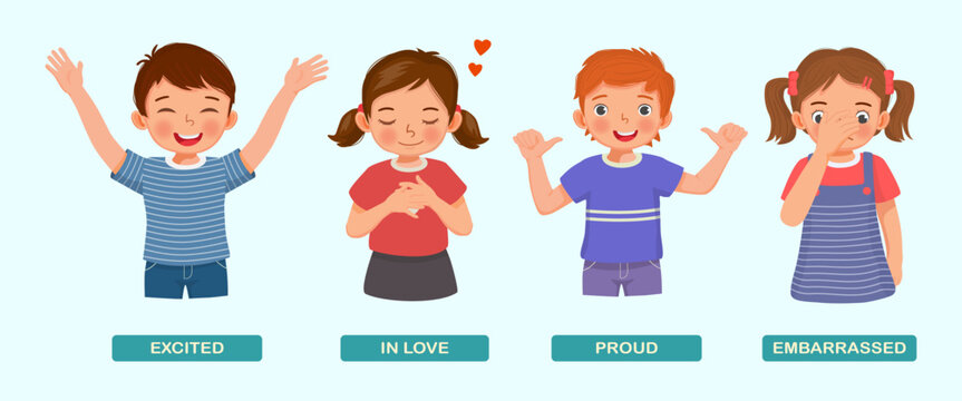 cute kids showing different feeling emotions such as excited, in love, proud, and embarrassed with hand gestures and facial expressions