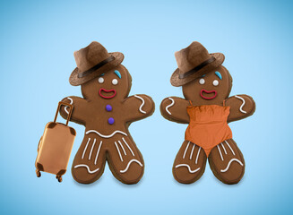 Funny summer card with gingerbread cookies man and woman tourists on blue background.