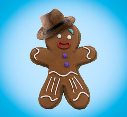 Happy gingerbread man cookie wearing straw hat on blue background. Minimal art collage Christmas card. Happy winter holidays postcard.