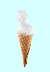 Female antique statue in waffle cone on blue background. Ice cream adv summer creative poster.